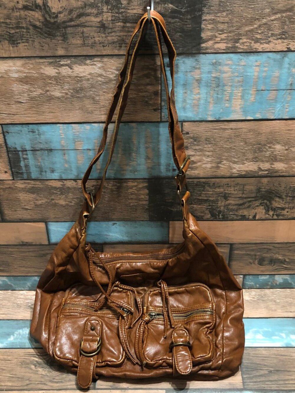 Women's Purse Brown Faux Leather Messanger Crossbody Exterior Pockets Boho
